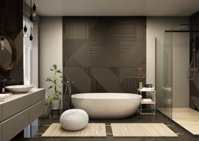 A black and white bathroom with a bathtub and sink.