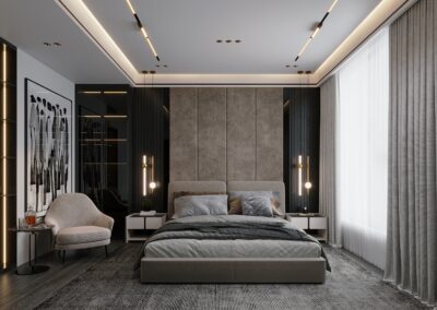 A modern bedroom with black and grey accents.