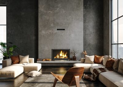 Modern living room with a minimalist style featuring a central fireplace, large windows, and neutral-toned furniture.