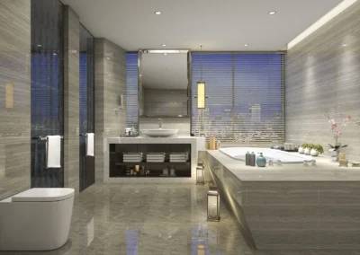 Modern bathroom interior with a free-standing tub, double vanity, and glass-enclosed shower area.